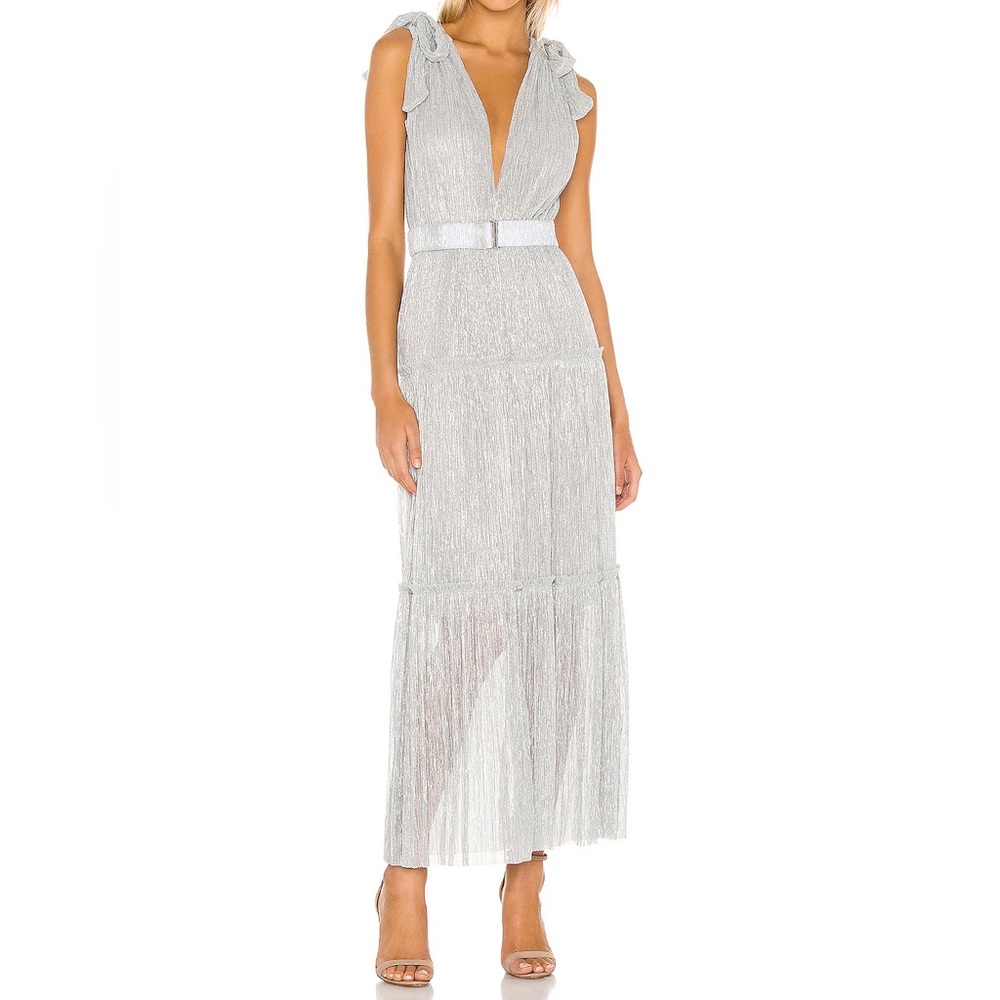 Sabina Musayev Helena Sleeveless Deep V Midi Dress Silver Metallic Small No Belt